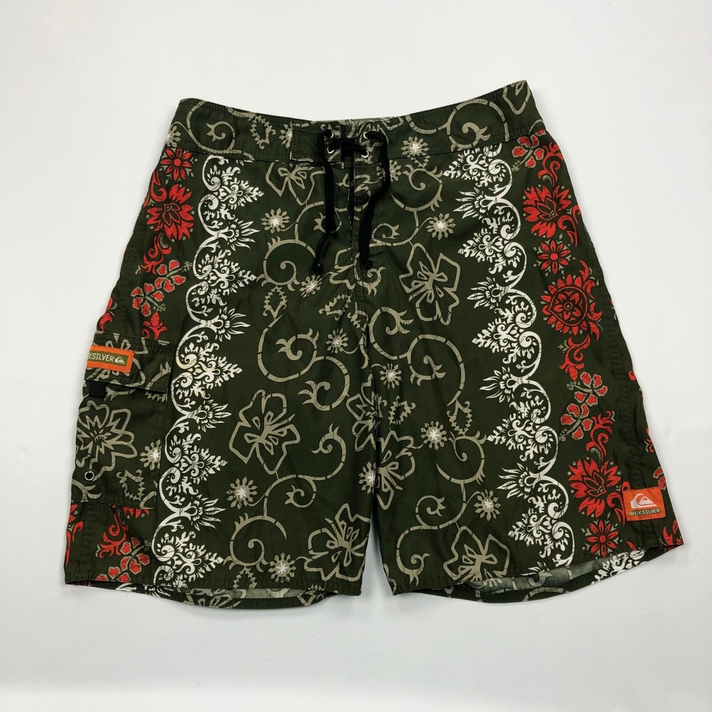 Vintage Quiksilver Board Shorts Mens 33 Olive Green Red Floral Surf Trunks USA